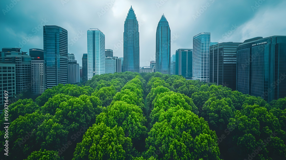 Urban Nature Fusion: Lush Green Trees Contrast with Modern Skyscrapers in a Dynamic Cityscape Under a Moody Sky Urban Nature Fusion: Lush Green Trees Contrast with Modern Skyscrapers in a Dynamic Cityscape Under a Moody Sky