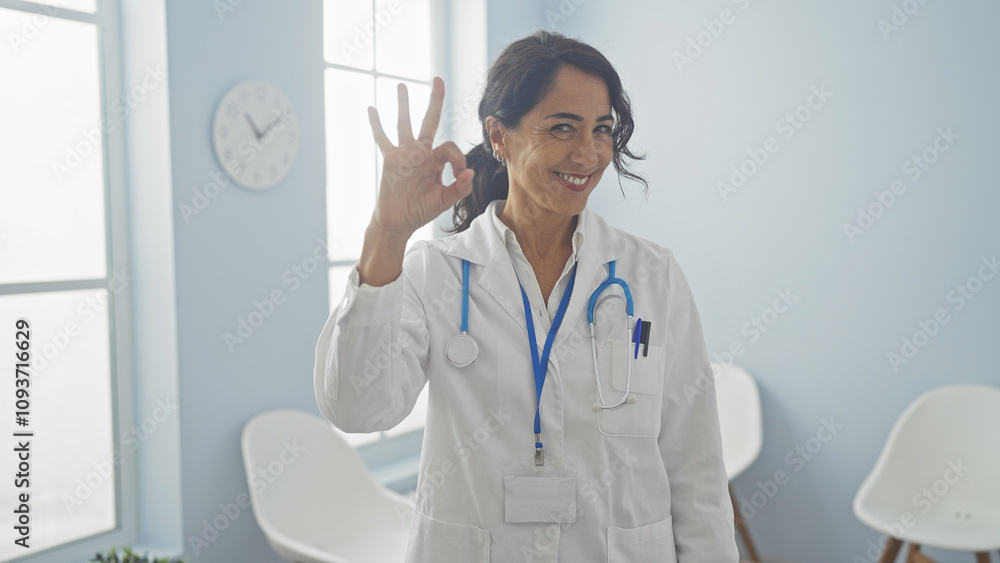 Confident hispanic female doctor gives an okay sign in a bright clinic room, signaling success or satisfaction. Confident hispanic female doctor gives an okay sign in a bright clinic room, signaling success or satisfaction.