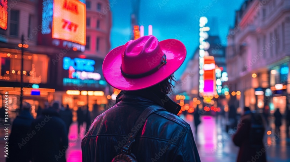 A person in a pink hat takes in the vibrant city lights at night. The scene is full of energy and color, creating a lively atmosphere. A person in a pink hat takes in the vibrant city lights at night. The scene is full of energy and color, creating a lively atmosphere.