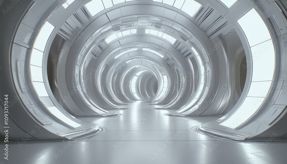 A futuristic white tunnel with a glowing light at the end A futuristic white tunnel with a glowing light at the end