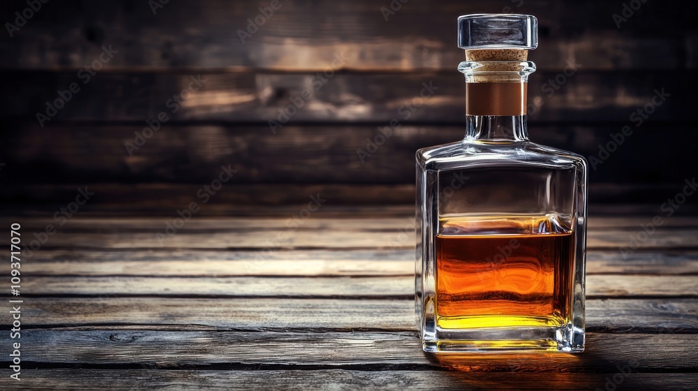 A Glass Bottle of Amber Liquid on a Wooden Table A Glass Bottle of Amber Liquid on a Wooden Table