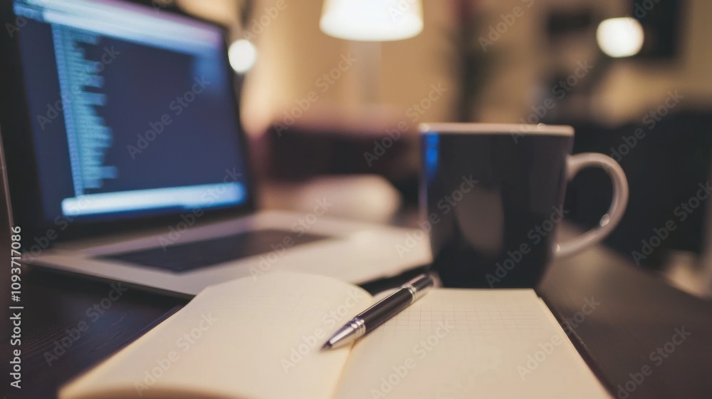 Fototapeta premium A Close Up Of A Notebook, Pen, And A Laptop With A Cup Of Coffee Out Of Focus In The Background