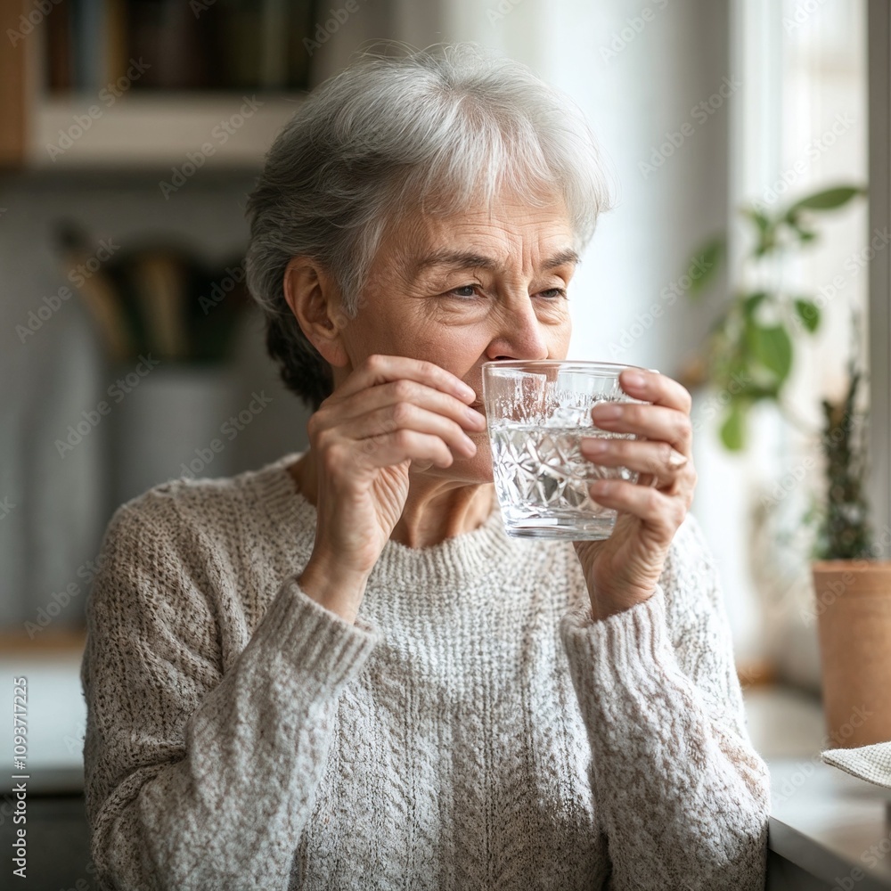 Elderly woman enjoying a glass of water as part of healthy aging practices Elderly woman enjoying a glass of water as part of healthy aging practices