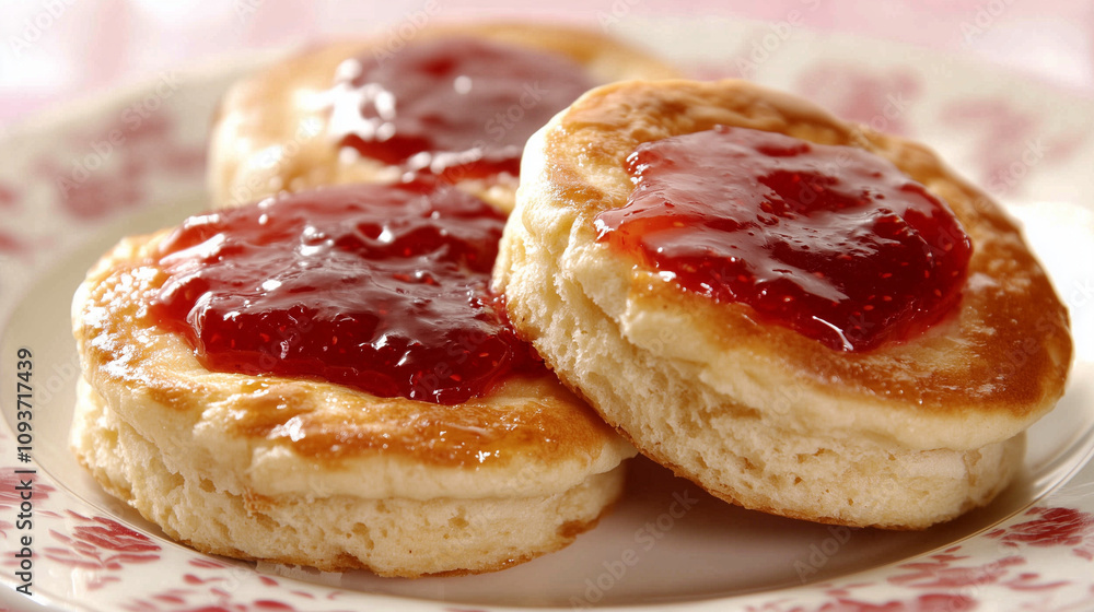 Close-Up of an English Muffin with Butter and Strawberry Jam Close-Up of an English Muffin with Butter and Strawberry Jam