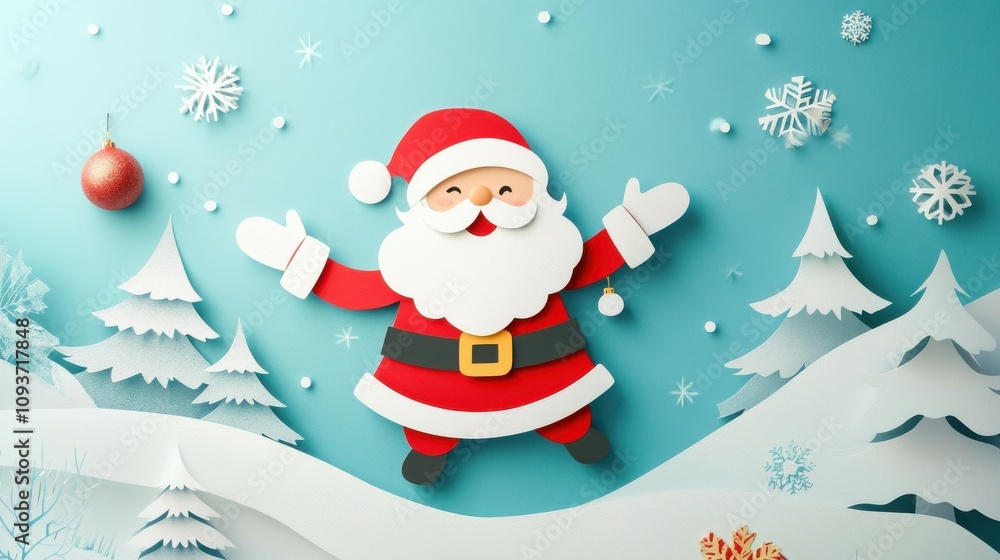 Santa Claus in festive paper cut design waving cheerfully Santa Claus in festive paper cut design waving cheerfully