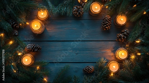 Rustic wooden Christmas background with candles glowing softly, surrounded by fir branches, pine cones