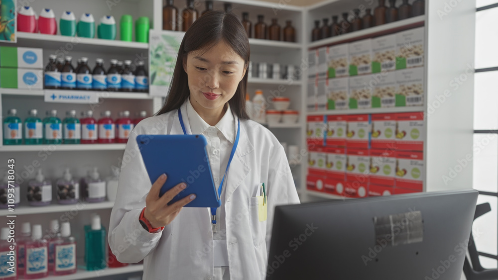 A young asian female pharmacist reviews data on a tablet inside a well-stocked, modern pharmacy. A young asian female pharmacist reviews data on a tablet inside a well-stocked, modern pharmacy.
