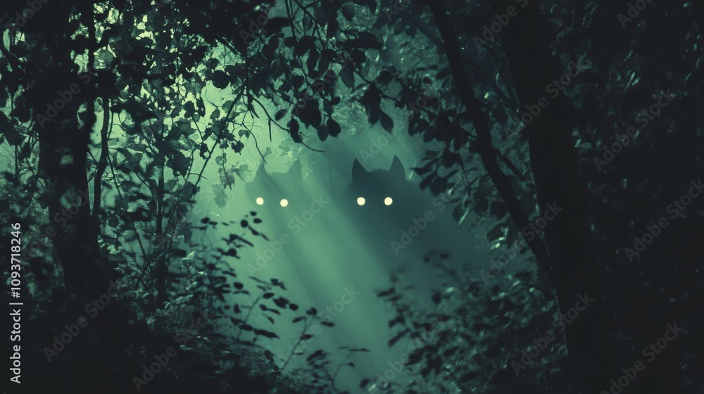 Naklejka premium Shadowy undergrowth with faint hints of glowing eyes