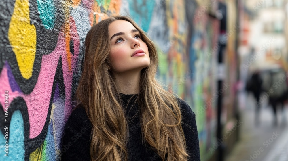 A thoughtful woman gazes up in front of a vibrant graffiti wall, capturing urban beauty and introspection in a lively atmosphere. A thoughtful woman gazes up in front of a vibrant graffiti wall, capturing urban beauty and introspection in a lively atmosphere.