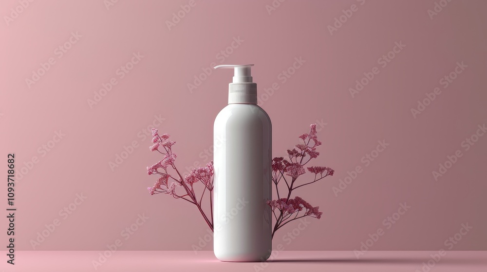 Elegant display of a minimalist lotion bottle with delicate flowers against a pastel backdrop. Generative AI Elegant display of a minimalist lotion bottle with delicate flowers against a pastel backdrop. Generative AI