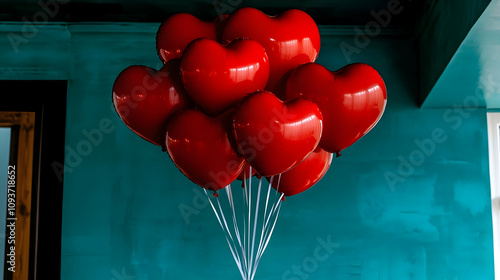 A Stunning Display of Red Heart Balloons Floating Against a Vibrant Turquoise Wall, Perfect for Celebrations of Love, Weddings, Anniversaries, and Romantic Occasions