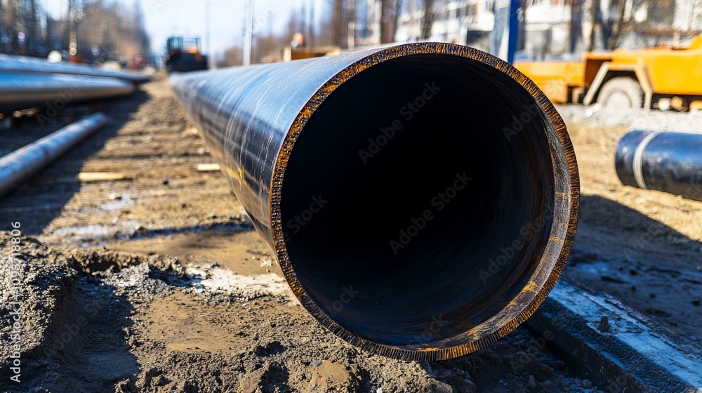 Construction steel pipe product made of black steel, 6 meters long. Conceptual or sample image of a steel product. Construction steel pipe product made of black steel, 6 meters long. Conceptual or sample image of a steel product.