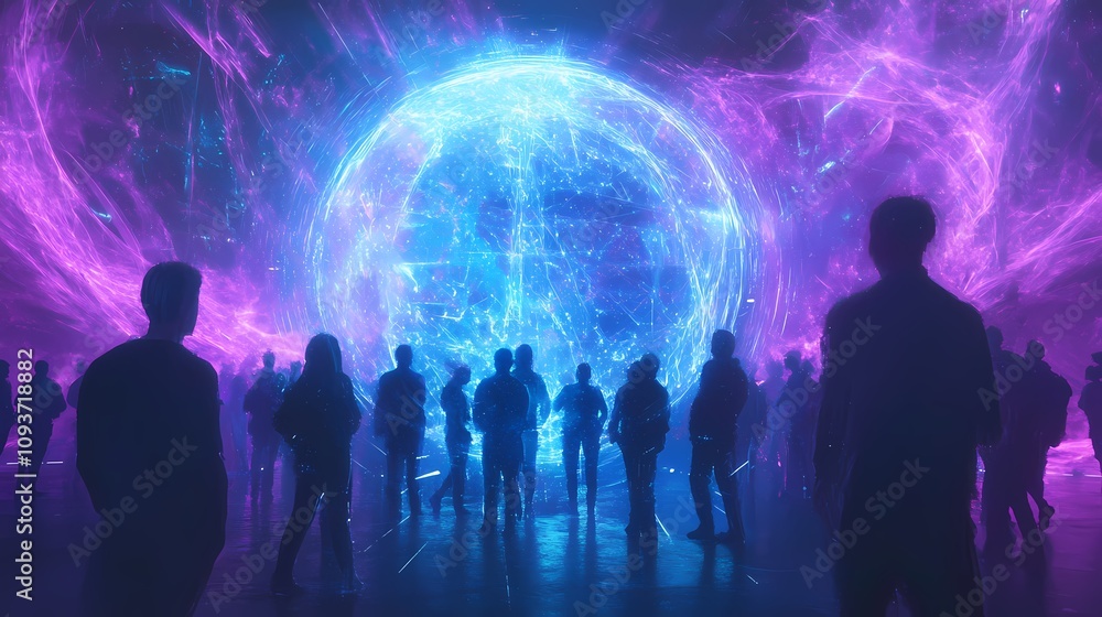 Naklejka premium Spectators admire vibrant light display in futuristic setting