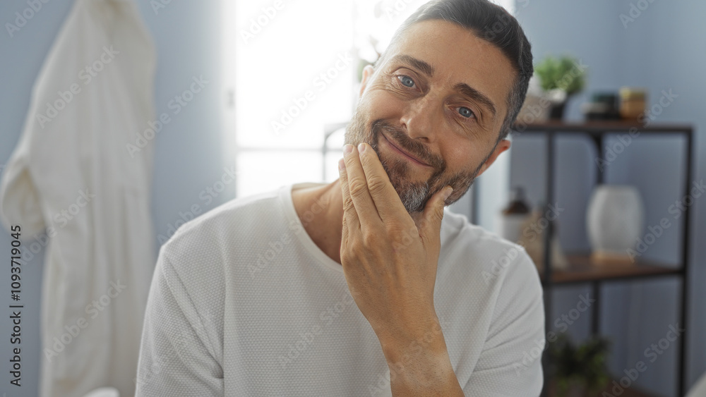 Young man with beard smiling indoors in spa setting, showcasing relaxation and wellness in modern beauty salon environment. Young man with beard smiling indoors in spa setting, showcasing relaxation and wellness in modern beauty salon environment.