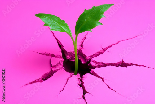 A Fresh Green Plant Emerging from Bright Pink Background Symbolizing Growth, Resilience, and New Beginnings in a Creative Studio Setting photo