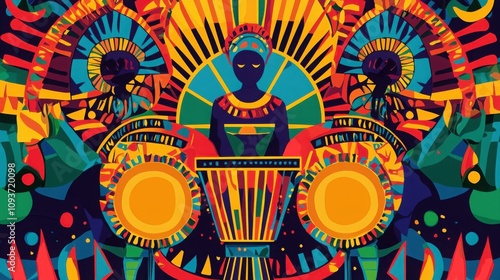 A vibrant illustration featuring a central figure playing a drum, surrounded by abstract designs, showcasing African cultural themes with bold colors. photo