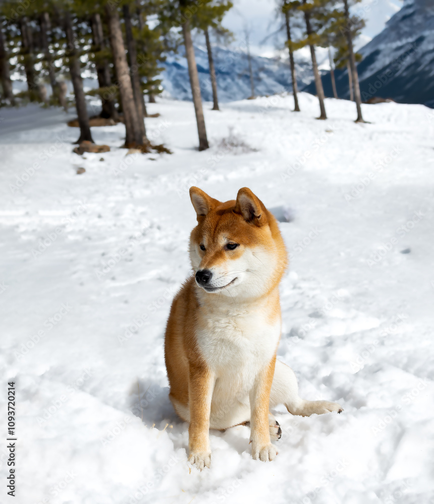Shiba Inu in a snowy mountain setting. Shiba Inu in a snowy mountain setting.