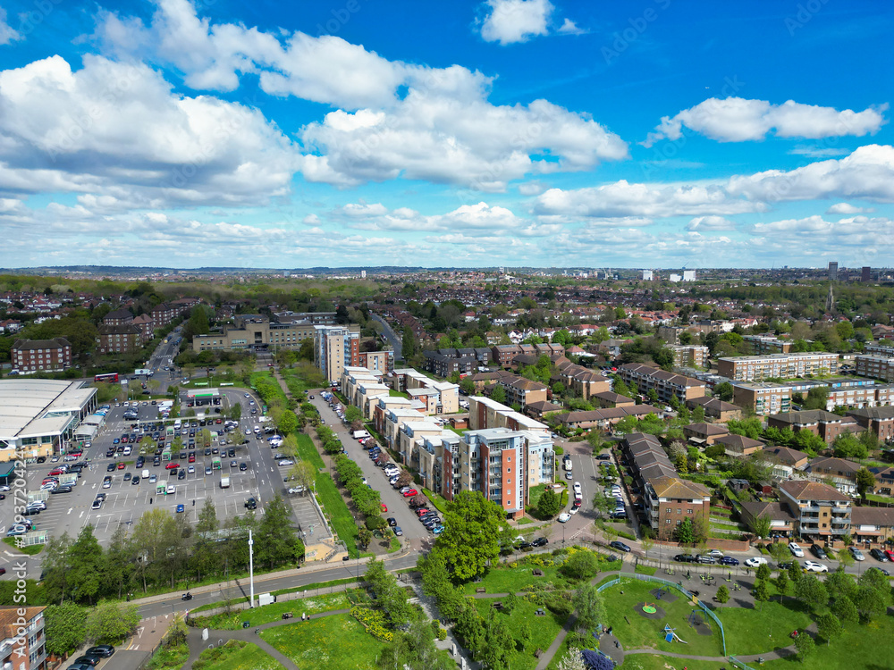 Naklejka premium Aerial View of Downtown and Central Wembley London City of England Great Britain. High Angle Footage Was Captured with Drone's Camera from Medium High Altitude on April 16th, 2024