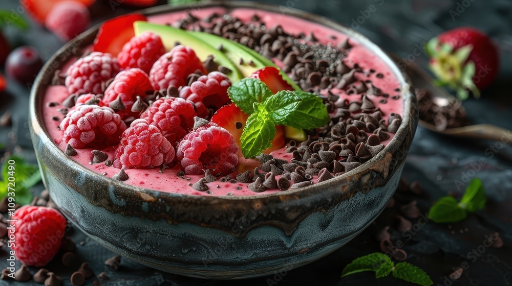 Delicious berry smoothie bowl topped with fresh fruits and chocolate chips in a cozy kitchen. Generative AI Delicious berry smoothie bowl topped with fresh fruits and chocolate chips in a cozy kitchen. Generative AI