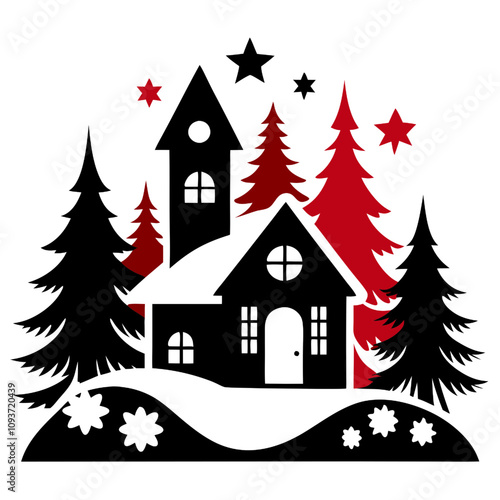 Vector Winter Wonderland Cottage: A charming silhouette of a cozy cottage nestled amidst snowy pines, illuminated by twinkling stars, evokes a sense of peace and tranquility.