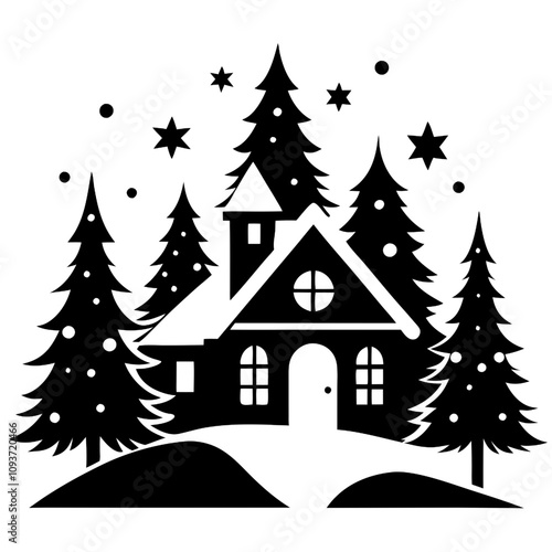 Vector Winter Wonderland Silhouette: A charming winter scene featuring a cozy cottage nestled amongst snowy pine trees, illuminated by twinkling stars.