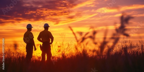 At sunset, an engineer and worker review a construction project.