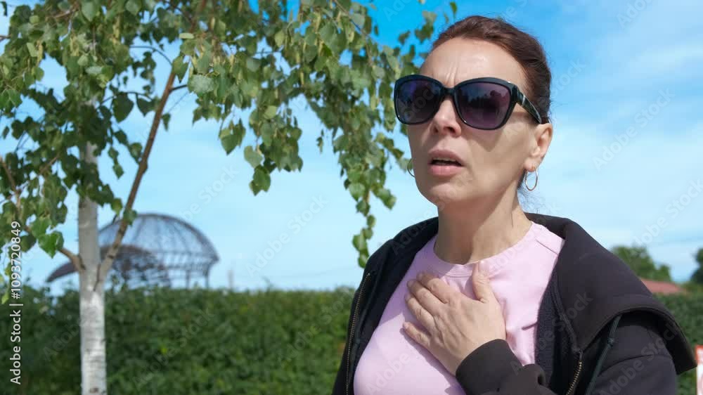Unwell female with inhale outdoor. A woman feel unwell during promenade and use an inhaler from asthma attack. Unwell female with inhale outdoor. A woman feel unwell during promenade and use an inhaler from asthma attack.