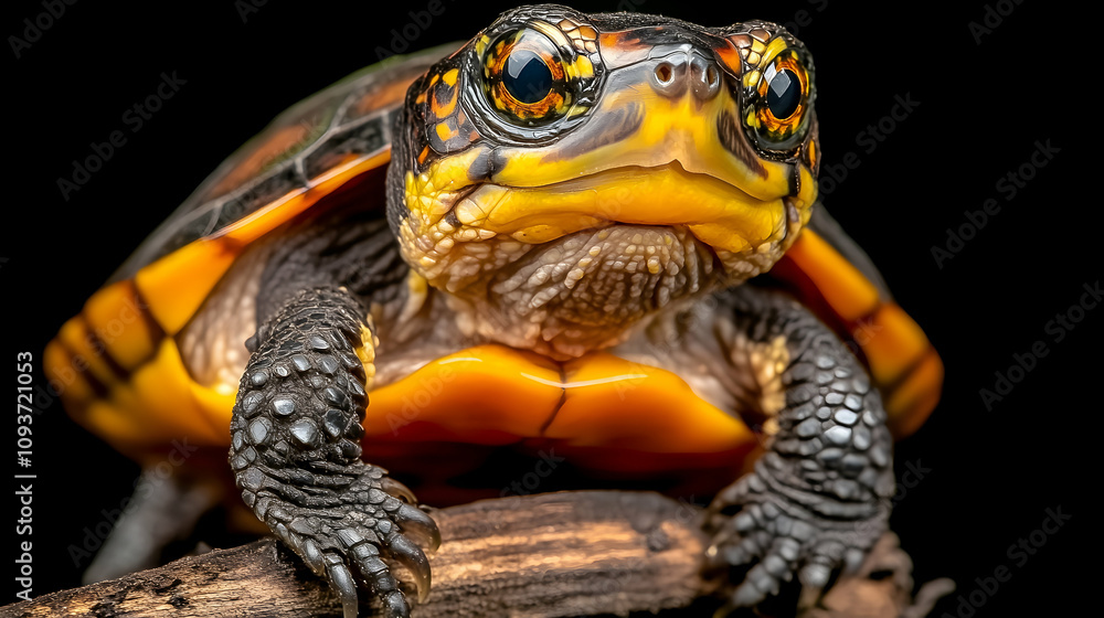 Naklejka premium Stunning Close-Up of a Colorful Turtle Captured on a Black Background, Showcasing Its Unique Features and Vibrant Colors in Exceptional Detail