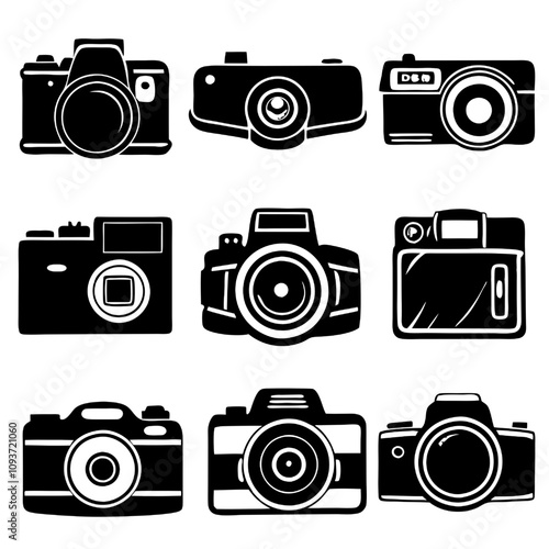 Vector Camera Icon Collection: A set of nine distinct camera icons in black and white, perfect for showcasing a vintage photography theme, creating a modern and minimalist aesthetic.