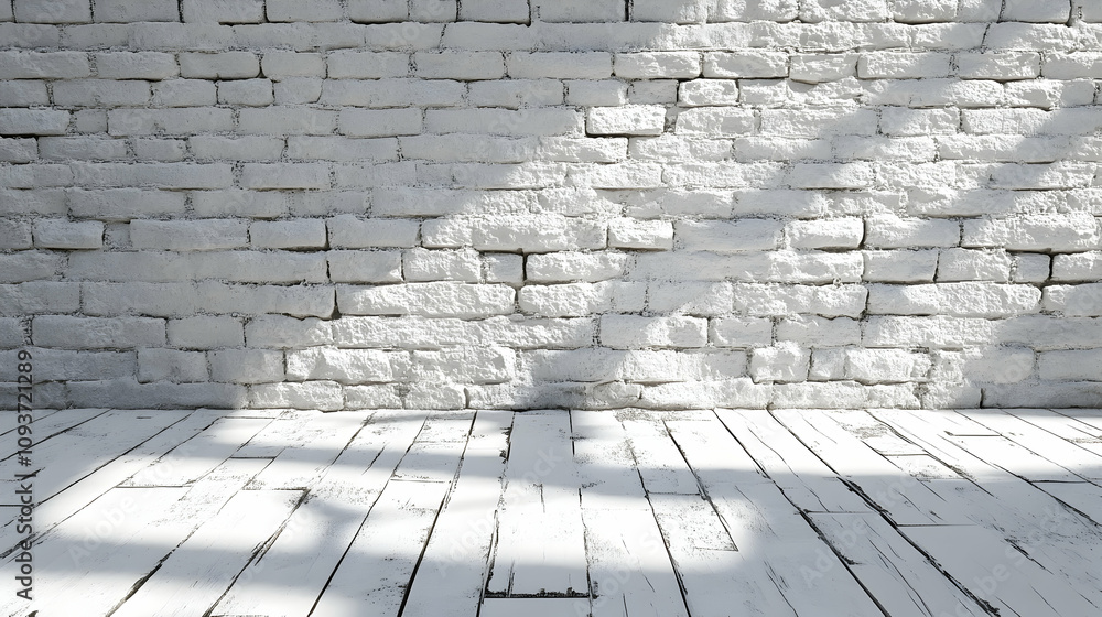 Fototapeta premium Aesthetic Bright White Brick Wall and Wooden Floor Interior Background Space for Creative Designs and Contemporary Decor Artwork Presentations