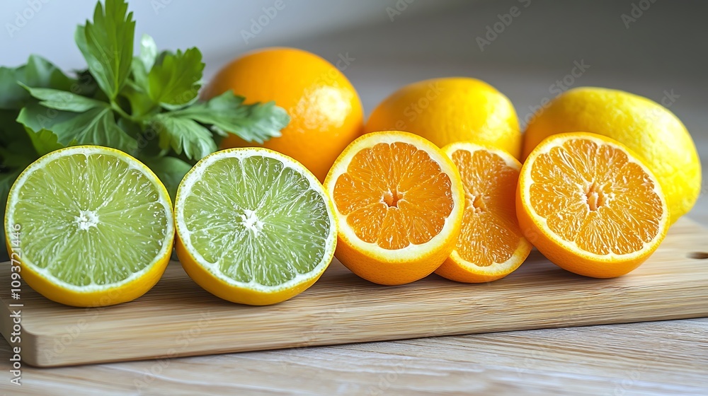 Vibrant citrus fruits, halved and whole, arranged on a wooden board with fresh parsley. A refreshing and healthy still life. Vibrant citrus fruits, halved and whole, arranged on a wooden board with fresh parsley. A refreshing and healthy still life.