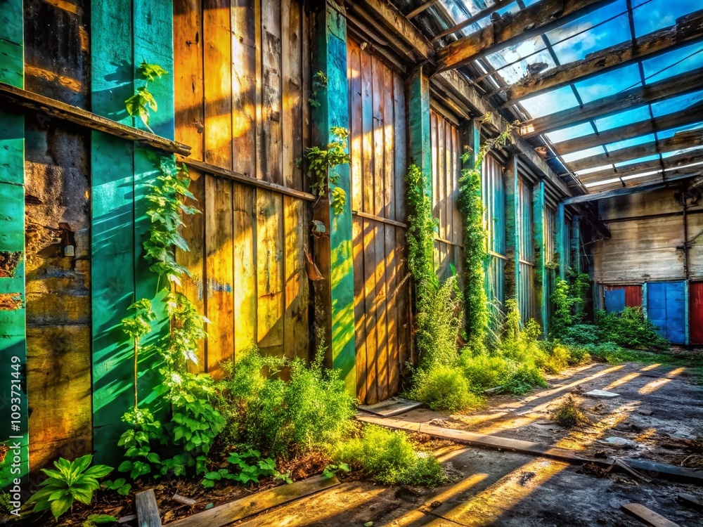 Urban Exploration of a Weathered Holzwand in an Abandoned Industrial Setting, Showcasing Textures and Nature's Reclamation in a Gritty Urban Environment Urban Exploration of a Weathered Holzwand in an Abandoned Industrial Setting, Showcasing Textures and Nature's Reclamation in a Gritty Urban Environment