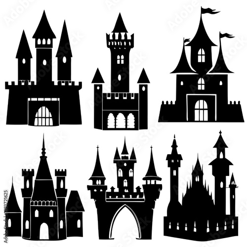 Vector Castle Silhouette Set: A collection of six distinct castle silhouettes, perfect for adding a touch of fairytale charm to your designs. 