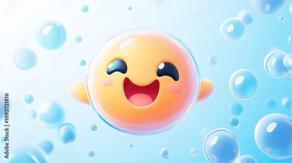A happy and cute bubble character with a big smile surrounded by floating bubbles, conveying a light-hearted and joyful atmosphere. Bright and uplifting visuals. A happy and cute bubble character with a big smile surrounded by floating bubbles, conveying a light-hearted and joyful atmosphere. Bright and uplifting visuals.