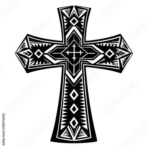 Vector Ornate Black and White Cross:  A intricate and detailed cross design in black and white.  The cross has a geometric pattern with sharp angles and a tribal-inspired style.