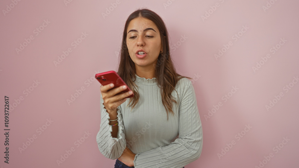 Woman sending a voice message using her smartphone, standing against an isolated pink background, exemplifying modern communication in a casual setting. Woman sending a voice message using her smartphone, standing against an isolated pink background, exemplifying modern communication in a casual setting.