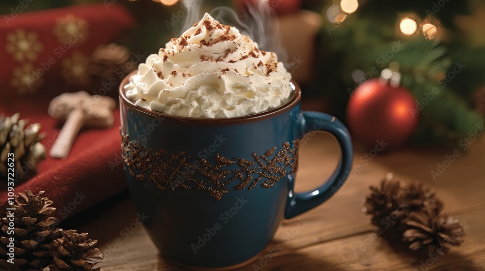 Indulge in the festive spirit with a steaming cup of Christmas cheer, topped with a delicate layer of whipped cream. Nestled in a cozy blue mug adorned with holiday embellishments Indulge in the festive spirit with a steaming cup of Christmas cheer, topped with a delicate layer of whipped cream. Nestled in a cozy blue mug adorned with holiday embellishments