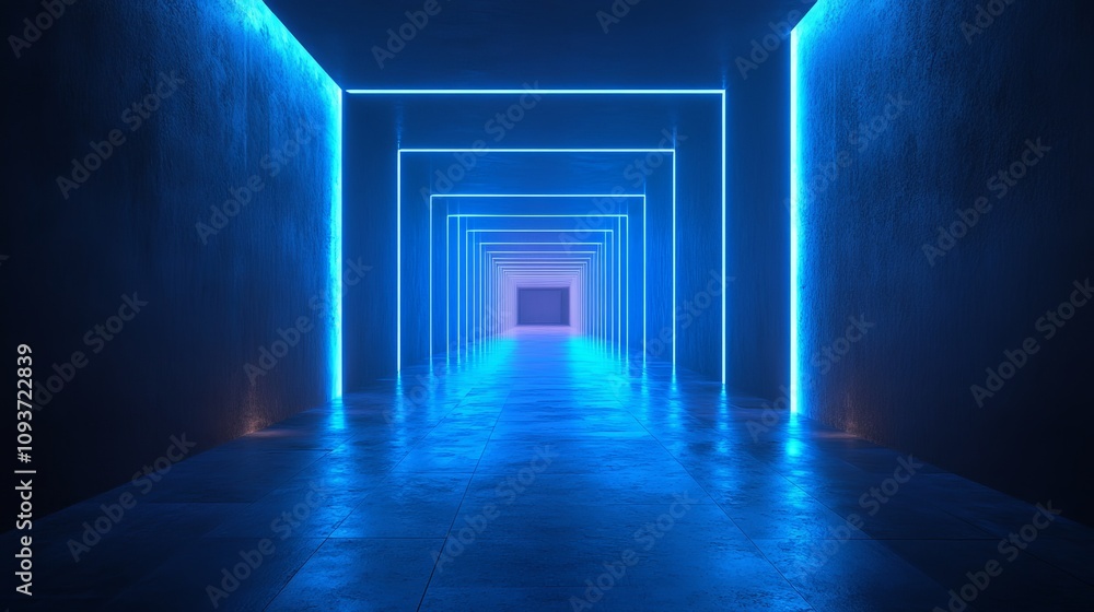 A stunning futuristic corridor, illuminated with striking blue neon lights lining the walls and ceiling, creating an endless tunnel effect, embodying mystery and allure. A stunning futuristic corridor, illuminated with striking blue neon lights lining the walls and ceiling, creating an endless tunnel effect, embodying mystery and allure.