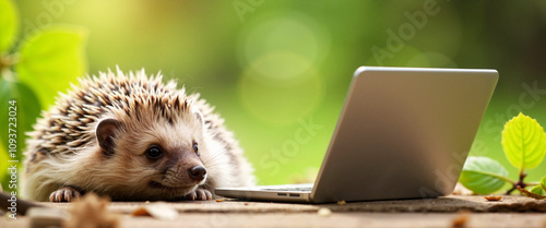 Curious hedgehog explores laptop in garden, digital nature