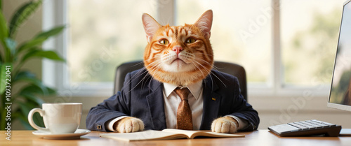 Cat in business suit at office desk, corporate humor