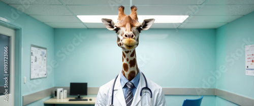 Giraffe doctor in hospital room, animal healthcare concept