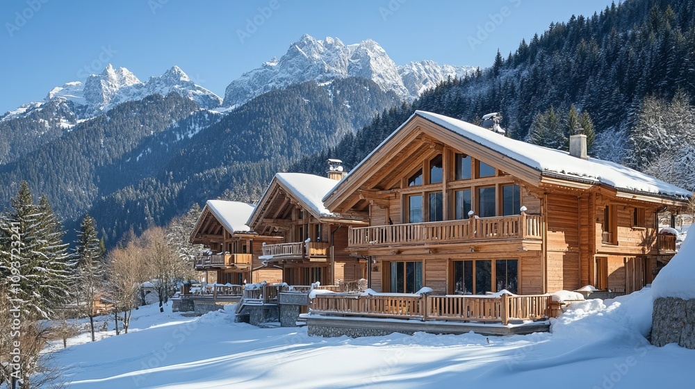 Fototapeta premium Three charming wooden chalets stand nestled in a snowy mountainous landscape, with towering peaks in the background, creating a cozy winter retreat atmosphere.