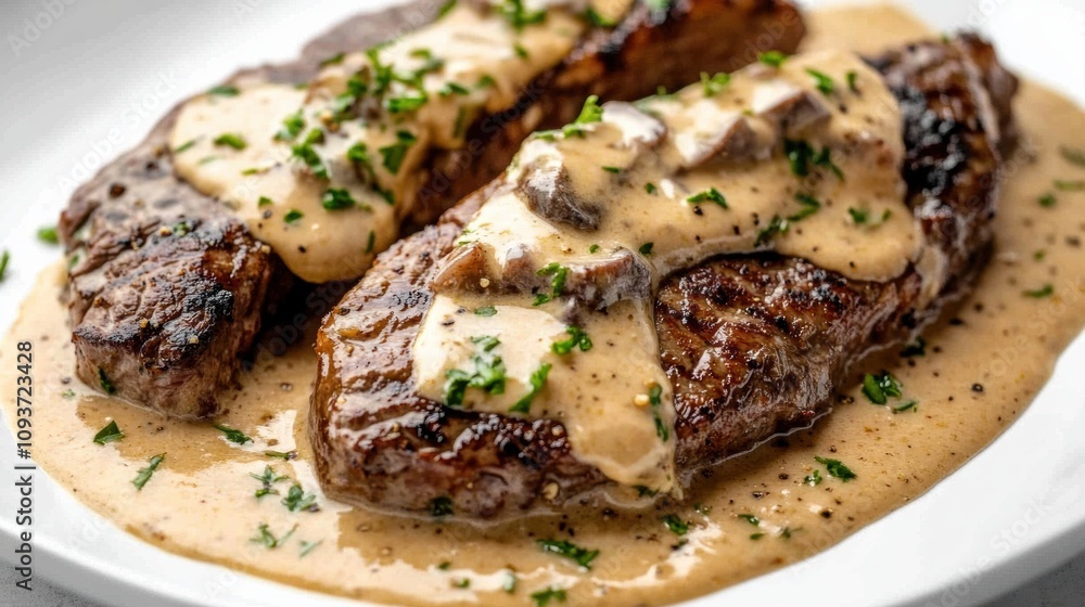 Sliced bavette steak served on a white plate, topped with creamy whiskey garlic sauce and garnished with fresh parsley. Juicy medium-rare texture, rich sauce, and elegant presentation. Sliced bavette steak served on a white plate, topped with creamy whiskey garlic sauce and garnished with fresh parsley. Juicy medium-rare texture, rich sauce, and elegant presentation.