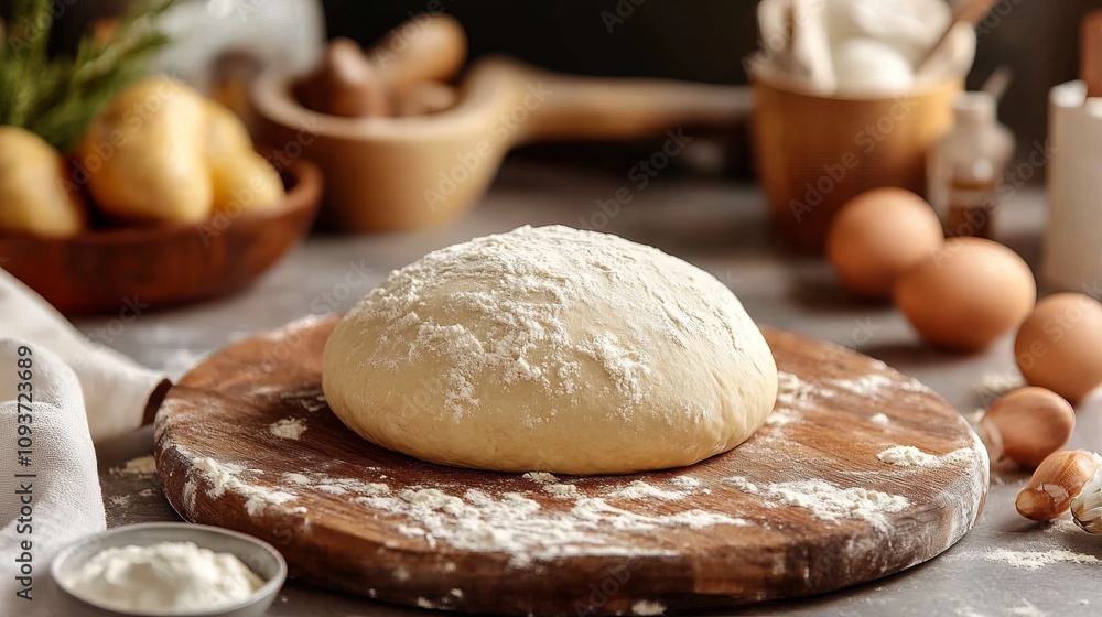 A ball of dough rests on a floured wooden board, ready for baking, surrounded by eggs, flour, and other ingredients, symbolizing homemade culinary creativity. A ball of dough rests on a floured wooden board, ready for baking, surrounded by eggs, flour, and other ingredients, symbolizing homemade culinary creativity.