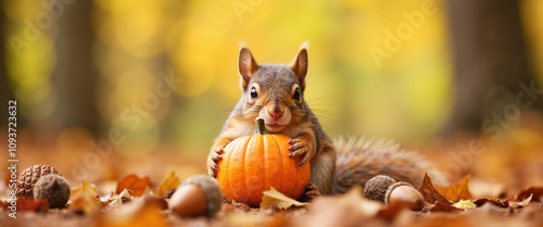 Cute squirrel hugs pumpkin in autumn forest, harvest season