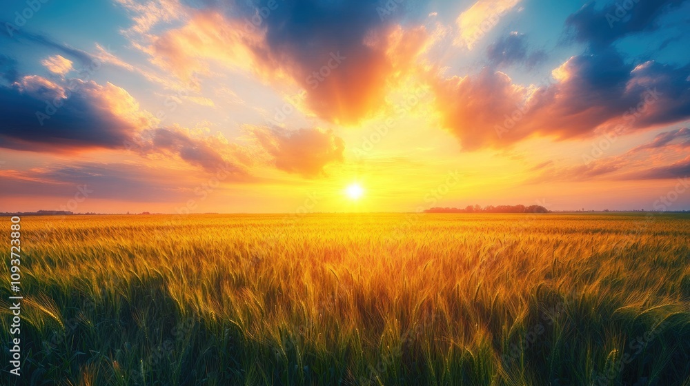 Naklejka premium golden organic wheat field to make whole wheat bread at agriculture farm in the misty morning sunrise. 