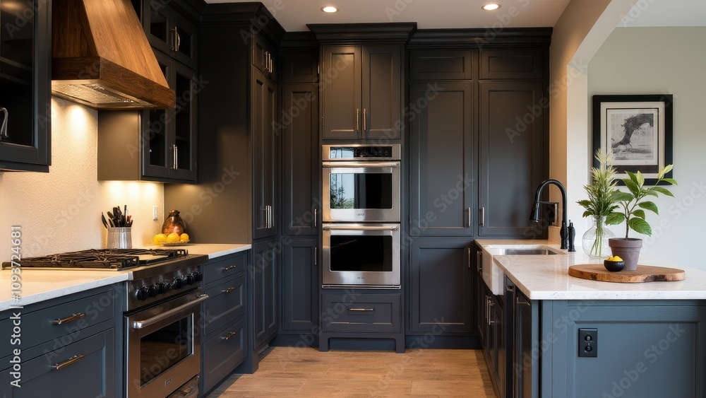 Dark gray kitchen cabinets with a textured finish, rustic wood elements, and black fixtures make for a sophisticated kitchen with a warm, inviting feel. Dark gray kitchen cabinets with a textured finish, rustic wood elements, and black fixtures make for a sophisticated kitchen with a warm, inviting feel.