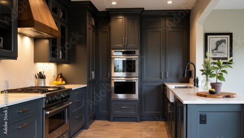 Dark gray kitchen cabinets with a textured finish, rustic wood elements, and black fixtures make for a sophisticated kitchen with a warm, inviting feel.