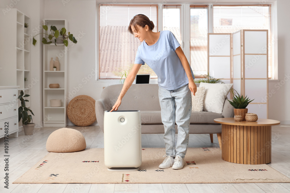 Young woman with air humidifier at home Young woman with air humidifier at home