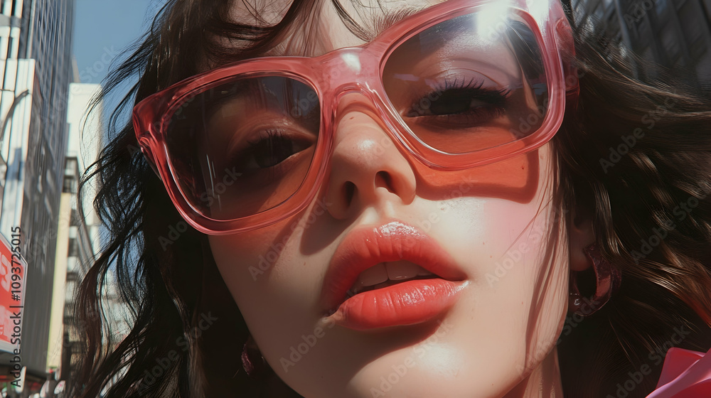 Young woman wearing oversized pink sunglasses with a fashionable outfit, posing confidently in an urban environment under bright sunlight on a summer day. Young woman wearing oversized pink sunglasses with a fashionable outfit, posing confidently in an urban environment under bright sunlight on a summer day.